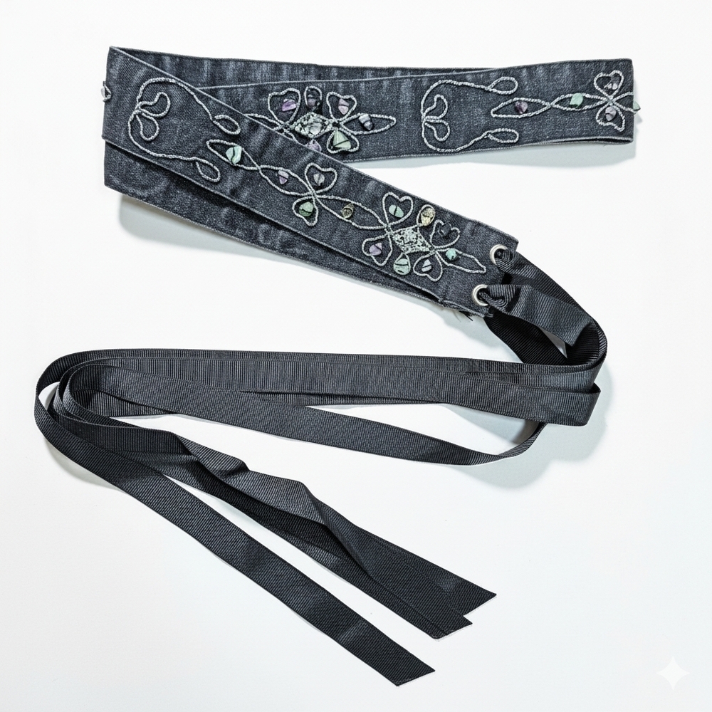 Belt 40-50" Vintage Black Denim Gemstone Embroidered Grosgrain Ribbon Wrap Tie - Picture 7 of 10